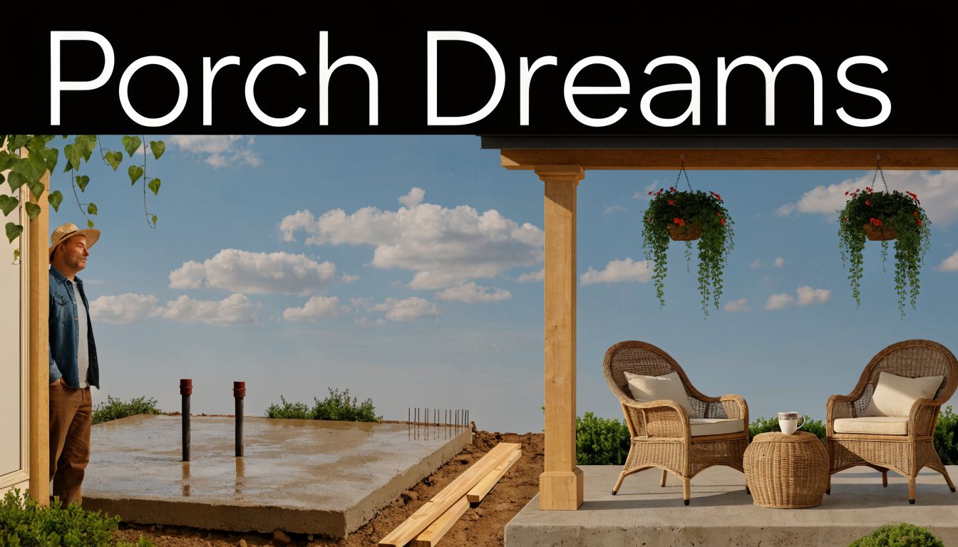 How to Build a Concrete Porch Slab: A 2026 Guide 2 A man stands beside a new concrete porch slab with wicker furniture on a finished deck.