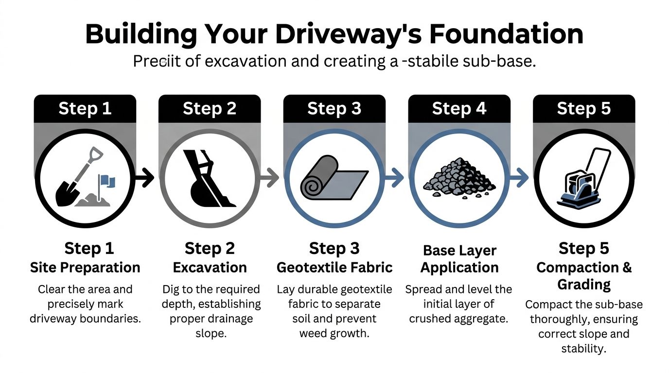 How to Build a Gravel Driveway in PA, MD, DE & NJ 3 A five-step infographic illustrating the professional process for building a stable gravel driveway foundation.