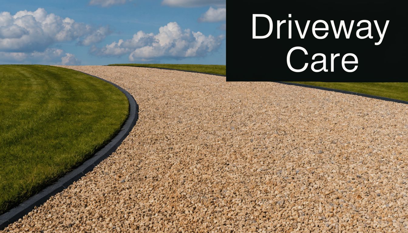 How to Build a Gravel Driveway in PA, MD, DE & NJ 5 A scenic view of a clean gravel driveway curving through a green lawn under a blue sky.