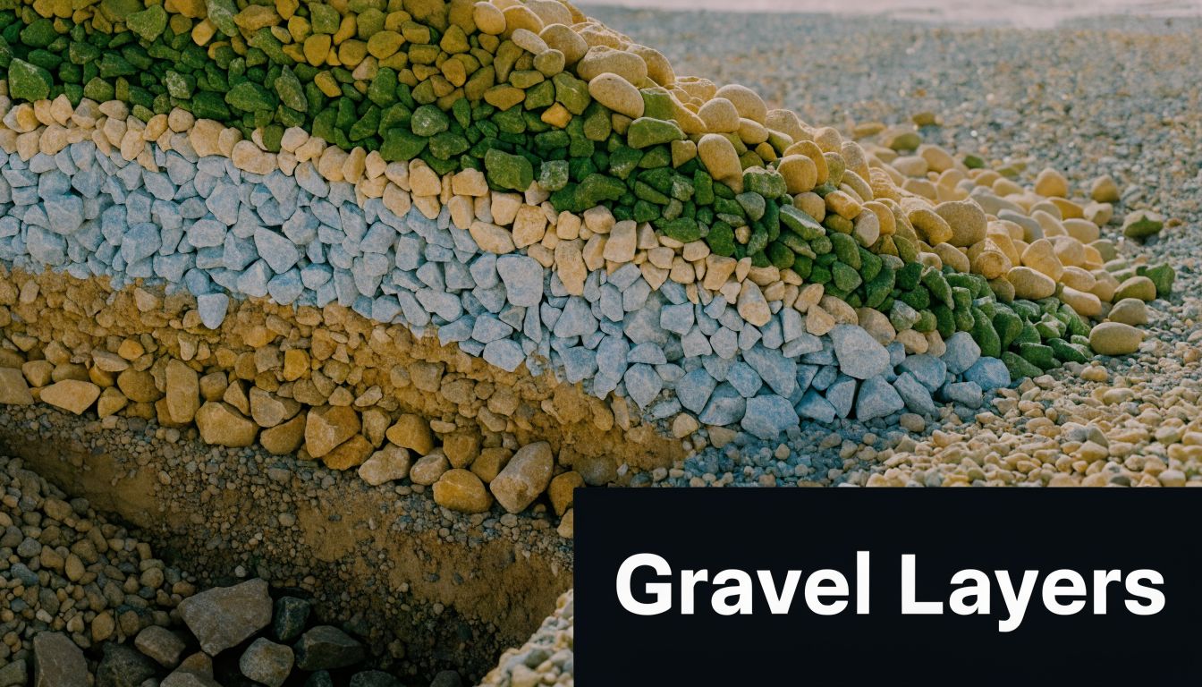 How to Build a Gravel Driveway in PA, MD, DE & NJ 4 A cross section showing distinct layers of multicolored gravel and soil for driveway construction.