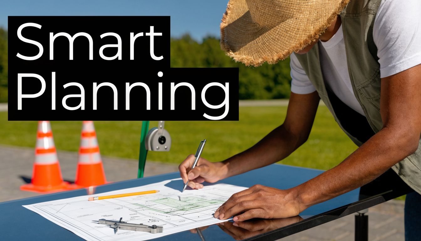 How to Build a Gravel Driveway in PA, MD, DE & NJ 2 A person wearing a straw hat carefully writes on construction blueprints on a table outdoors.