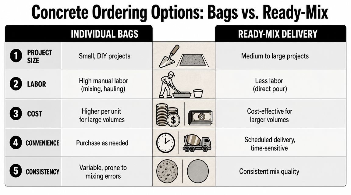 Patio Concrete Calculator: A 2026 PA Guide 5 A comparison chart outlining the differences between individual bags of concrete versus ready-mix delivery for construction projects.