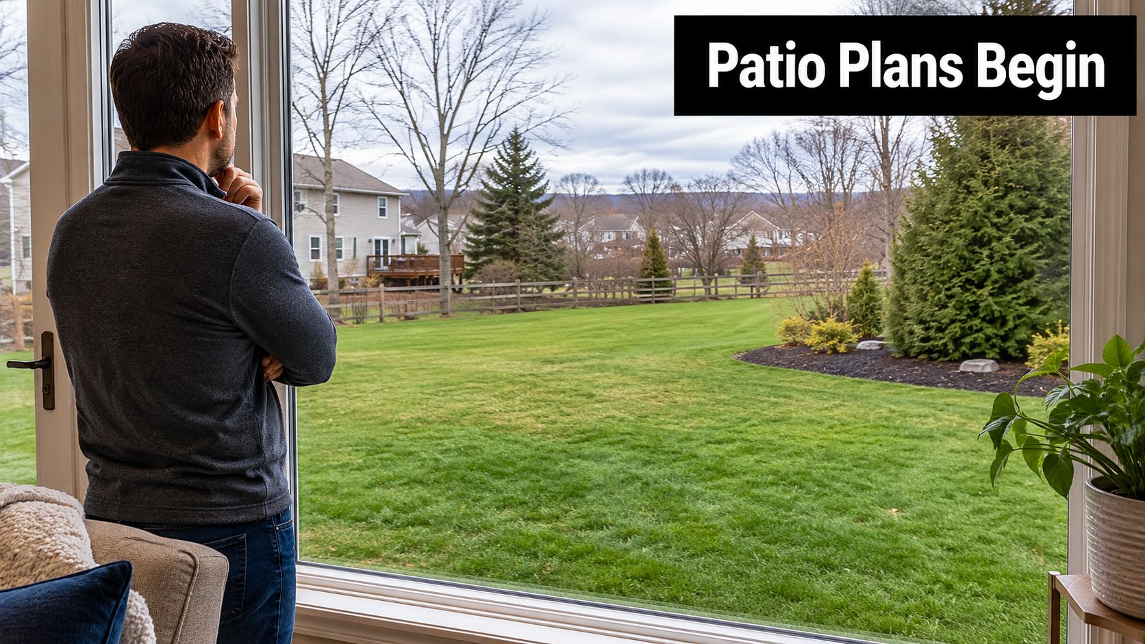 Patio Concrete Calculator: A 2026 PA Guide 2 A man stands by a large window looking out at a spacious green backyard planning renovations.
