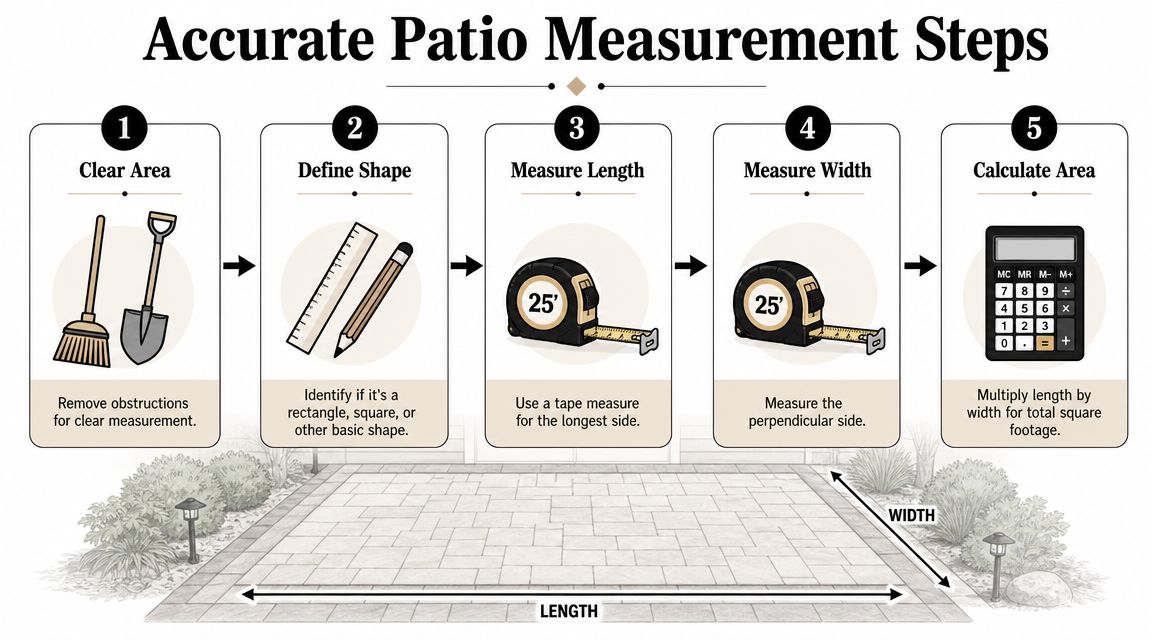 Patio Concrete Calculator: A 2026 PA Guide 3 A step-by-step infographic illustrating how to measure a patio area for calculating total square footage.