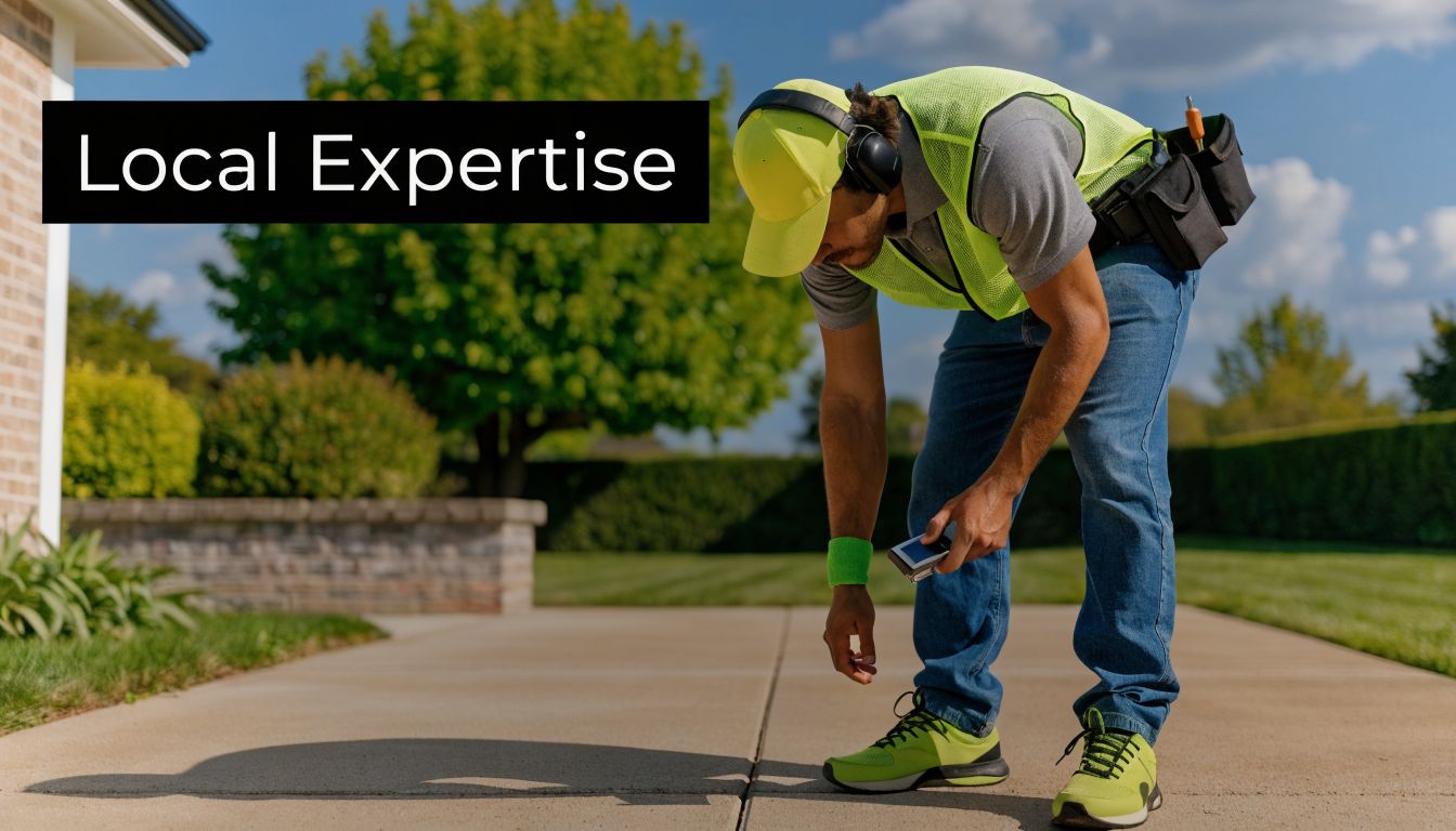 Patio Concrete Overlay: Enhance Your Outdoor Living 5 A professional construction worker inspecting a residential concrete driveway while wearing a safety vest and tools.