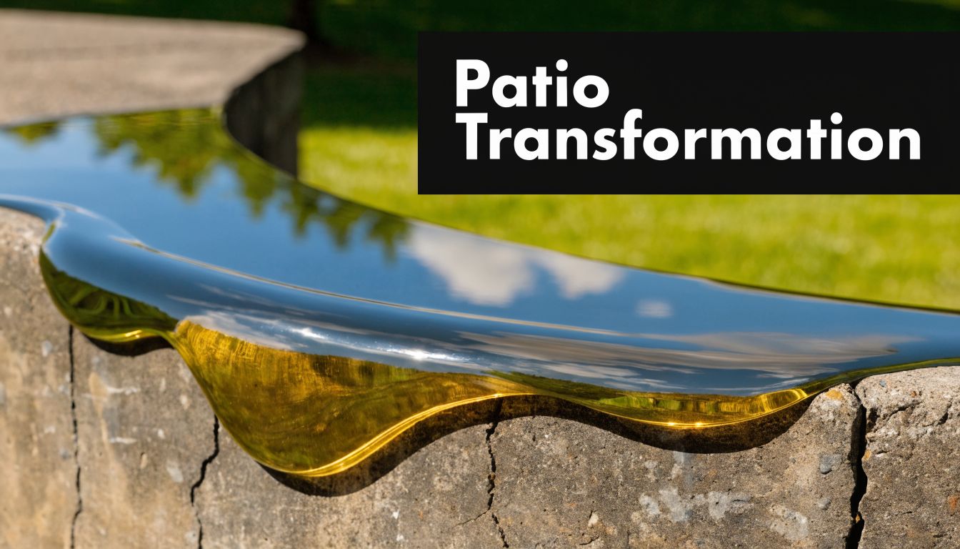Patio Concrete Overlay: Enhance Your Outdoor Living 2 A glossy yellow liquid coating is poured over a cracked concrete wall for a patio transformation project.
