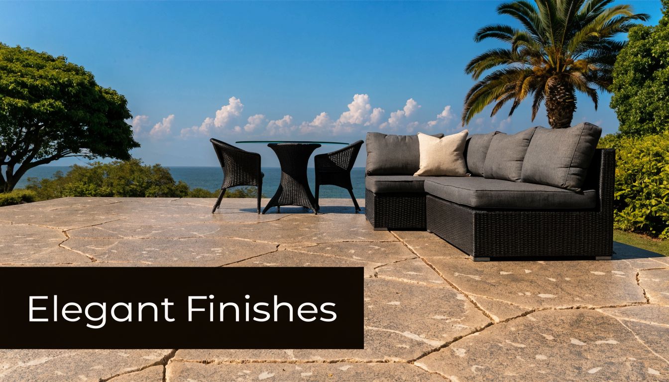 Patio Concrete Overlay: Enhance Your Outdoor Living 3 A modern outdoor patio featuring a concrete overlay with patio furniture overlooking the blue ocean.