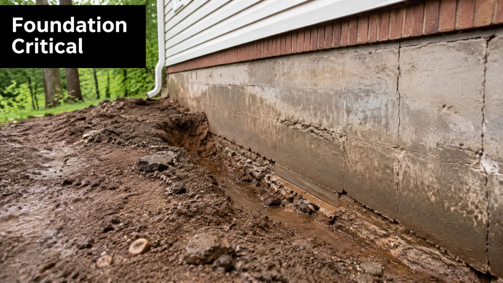 Build Storage Shed Cost Guide for PA, MD, DE & NJ 3 A house foundation with visible cracks and pooling water in an excavated dirt trench alongside.