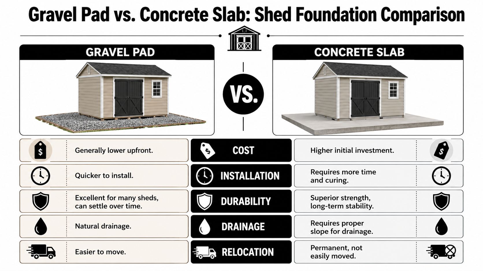 Building Requirements for a Shed: Your 2026 Guide 3 A comparison chart showing the differences between gravel pad and concrete slab shed foundation options.