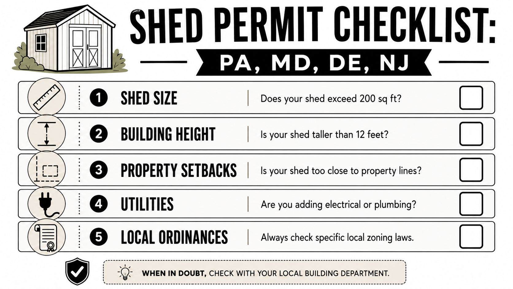 Building Requirements for a Shed: Your 2026 Guide 2 A checklist graphic listing five key permit considerations for building a shed in PA, MD, DE, and NJ.