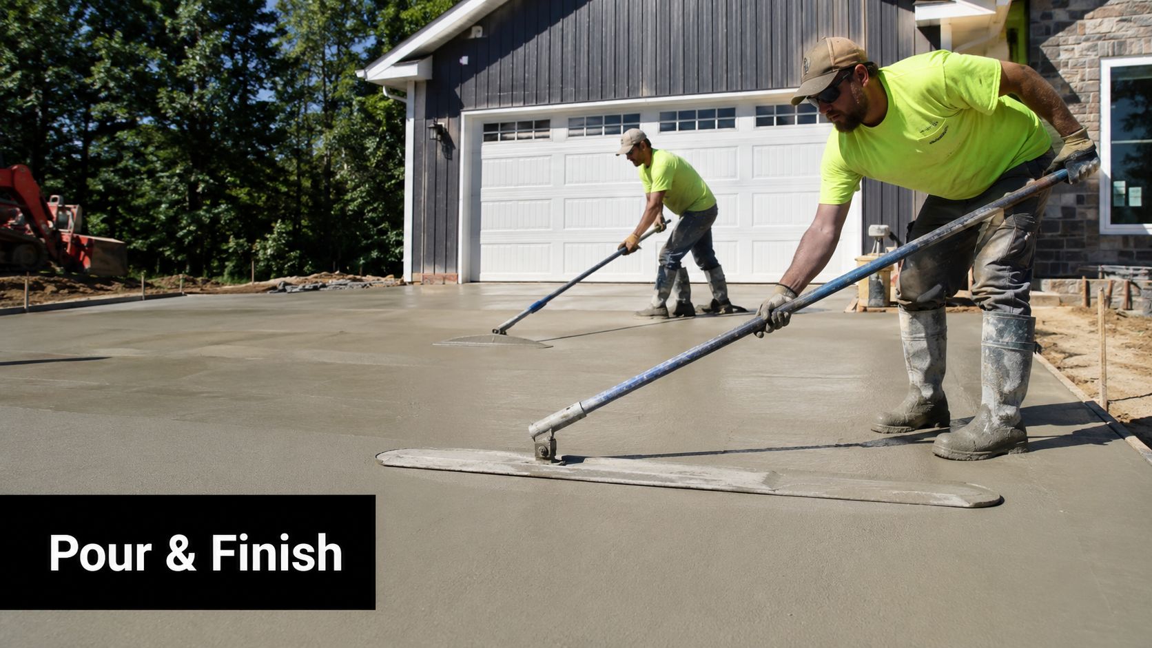 Concrete Driveway Construction Details: A PA & MD Guide 4 Two construction workers using long-handled bull floats to smooth out freshly poured concrete for a new driveway.