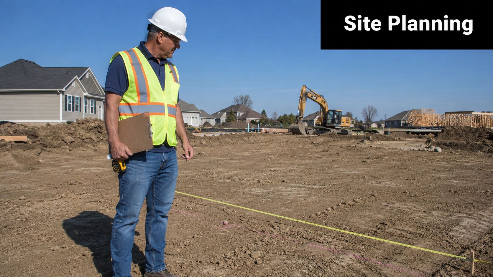 Concrete Driveway Construction Details: A PA & MD Guide 2 A construction supervisor in a safety vest and hard hat surveying a residential building site.