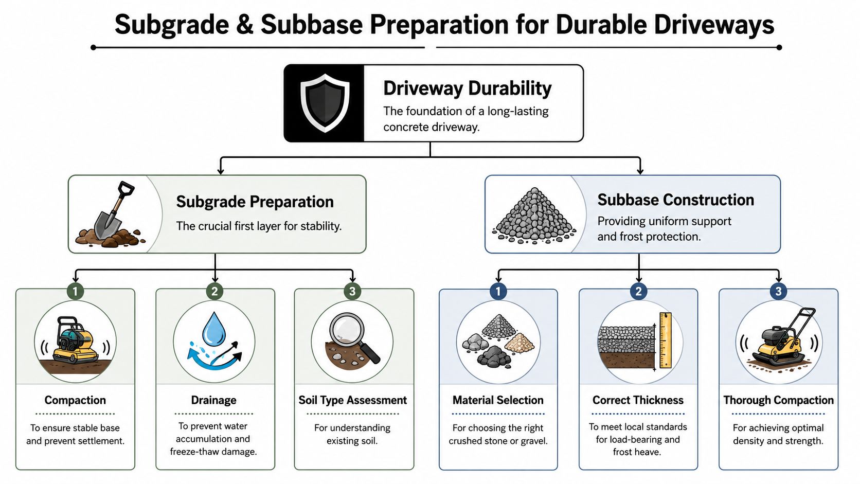 Concrete Driveway Construction Details: A PA & MD Guide 3 A flowchart detailing the necessary steps for subgrade and subbase preparation to ensure durable concrete driveways.