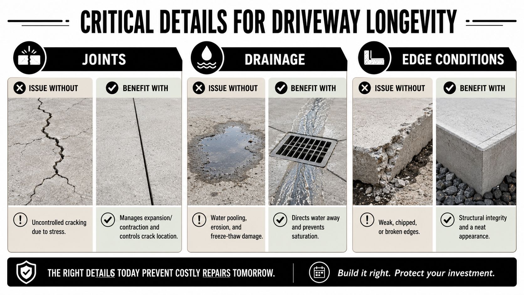 Concrete Driveway Construction Details: A PA & MD Guide 5 A detailed infographic comparing proper and improper concrete driveway construction techniques for long-term maintenance and durability.