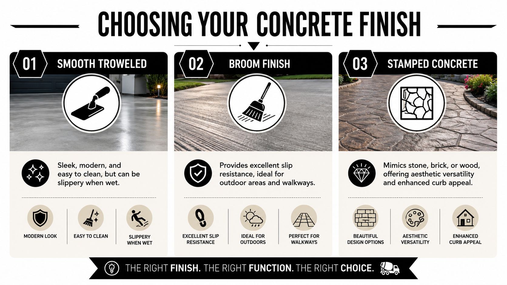 Expert Concrete Finishing Techniques for Durable Surfaces 4 A comparison infographic showing three concrete finishing techniques: smooth troweled, broom finish, and stamped concrete for various projects.