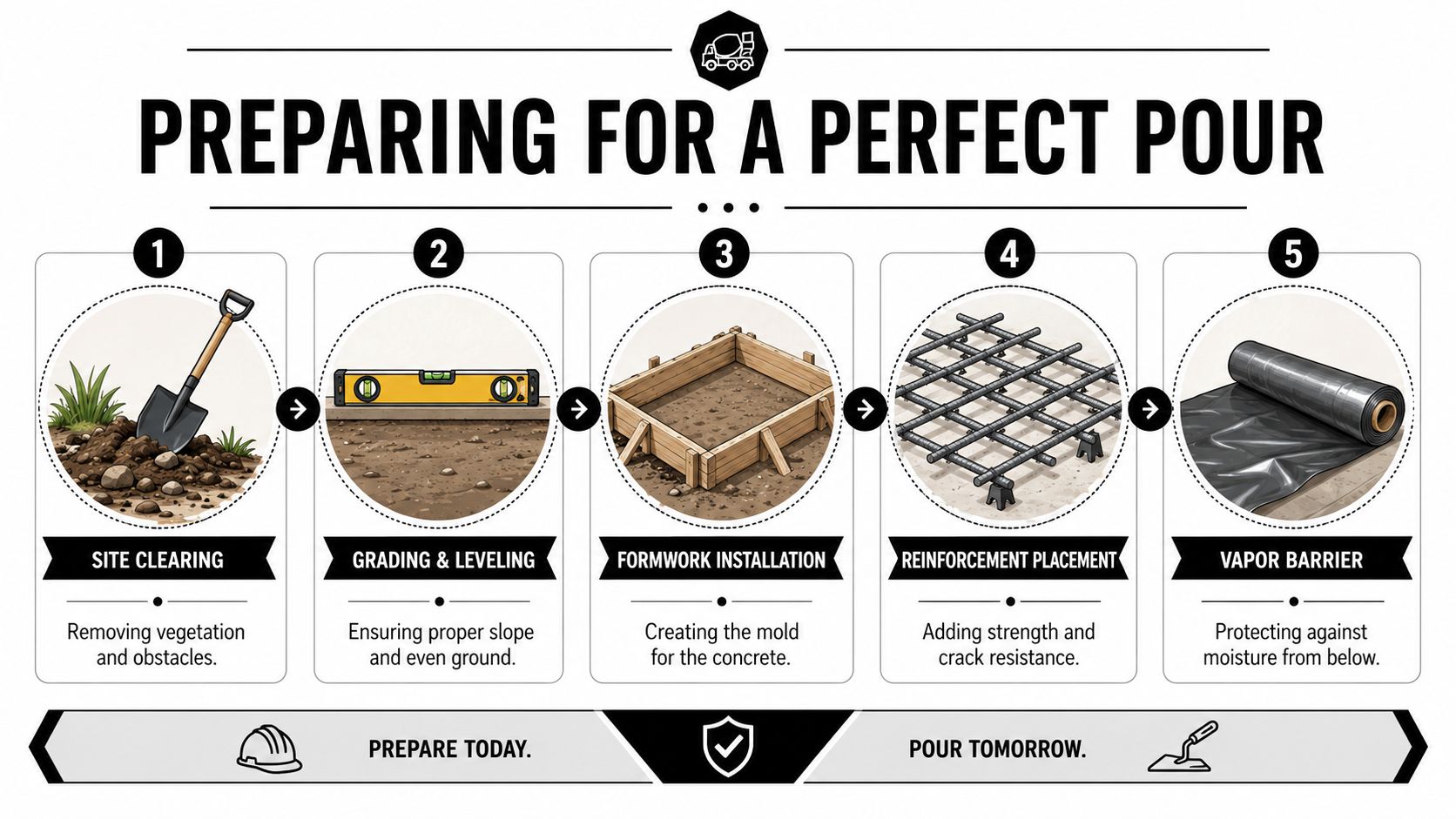 Expert Concrete Finishing Techniques for Durable Surfaces 3 An infographic detailing the five essential steps for preparing a site before pouring concrete.