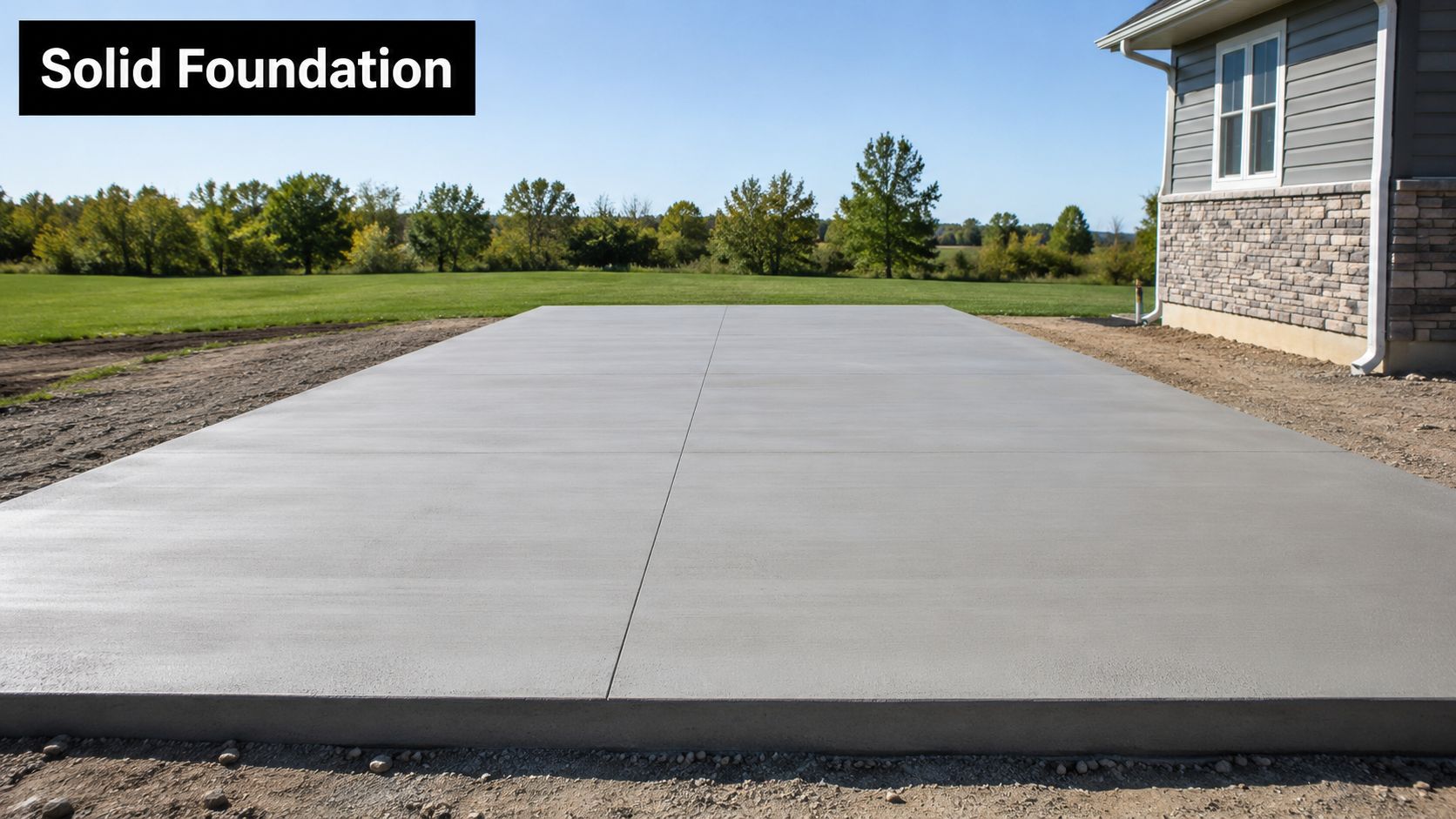 Expert Concrete Finishing Techniques for Durable Surfaces 2 A newly poured rectangular concrete slab foundation extending from the side of a residential house.