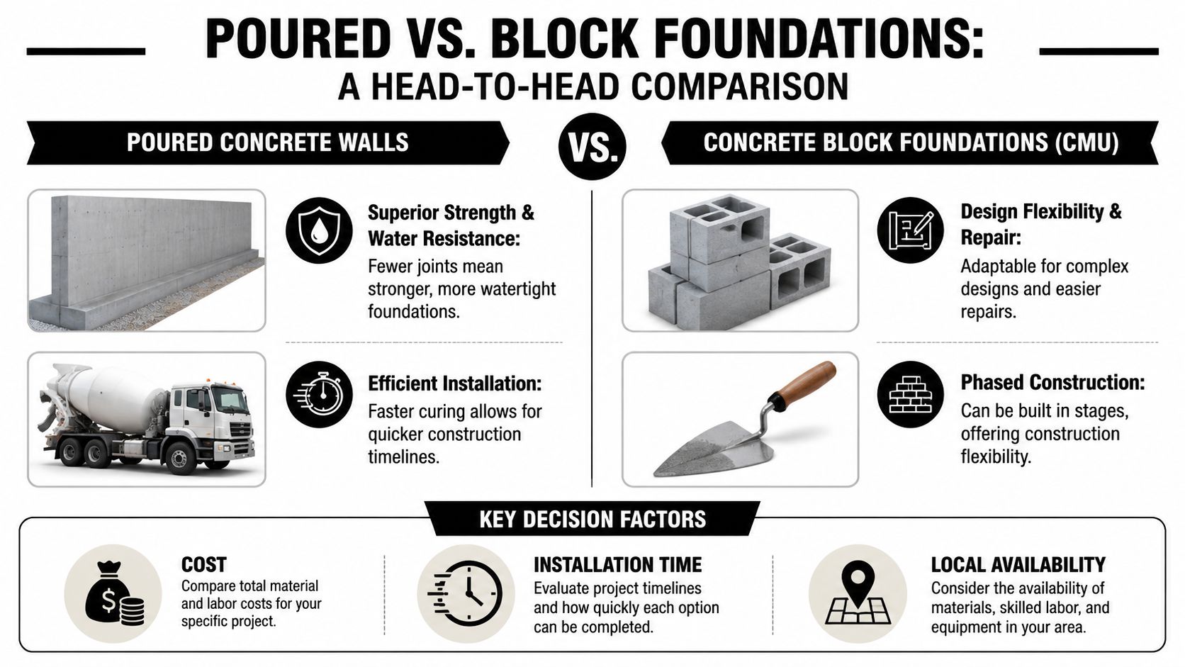 Concrete Foundation Wall Guide for PA, MD, DE & NJ Homes 2 A comparison infographic between poured concrete walls and concrete block foundations detailing their benefits and key decision factors.