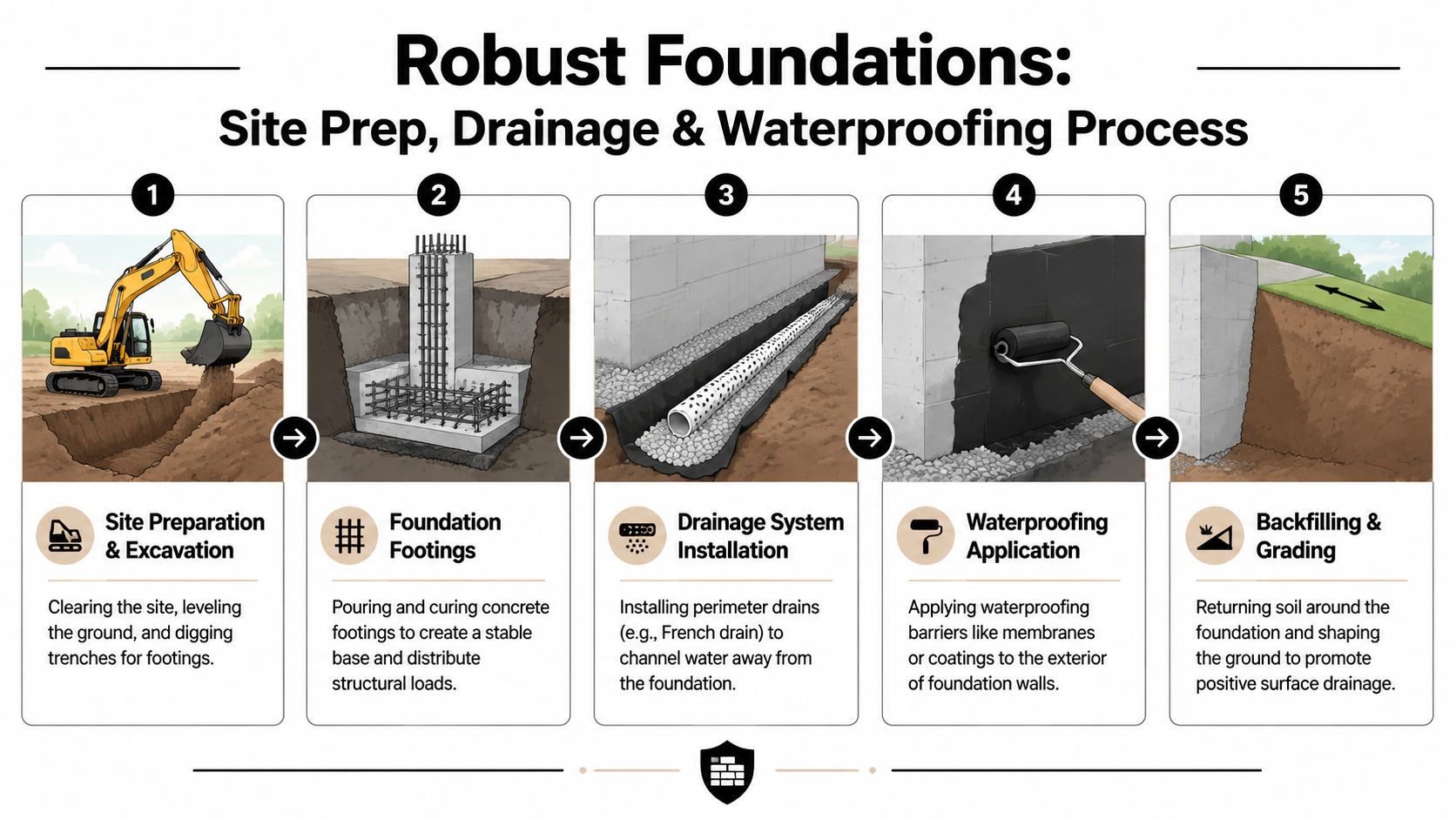Concrete Foundation Wall Guide for PA, MD, DE & NJ Homes 5 An infographic illustrating the five steps of the robust foundation building process including drainage and waterproofing.