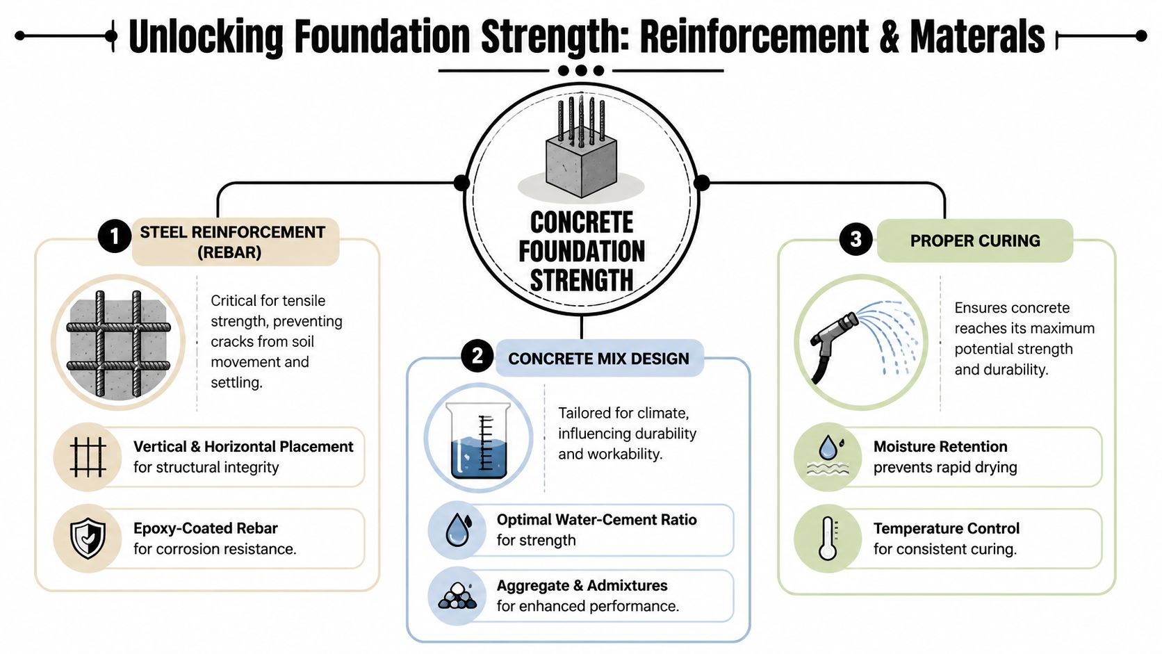 Concrete Foundation Wall Guide for PA, MD, DE & NJ Homes 4 An infographic detailing the three essential factors for building strong and durable concrete foundations.