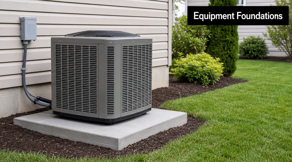 Concrete Housekeeping Pads: A PA & NJ Contractor's Guide 2 A modern outdoor HVAC air conditioner unit installed on a level concrete housekeeping pad near a house wall.