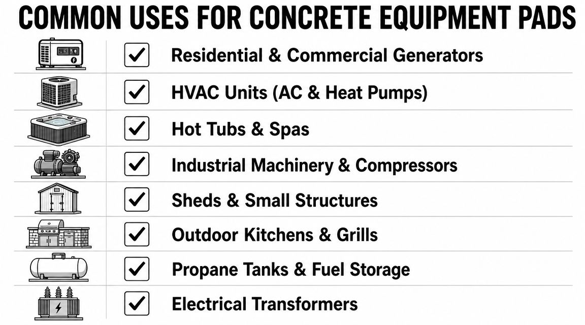 Concrete Housekeeping Pads: A PA & NJ Contractor's Guide 3 A list showing eight common equipment uses for concrete pads including generators, HVAC units, and hot tubs.