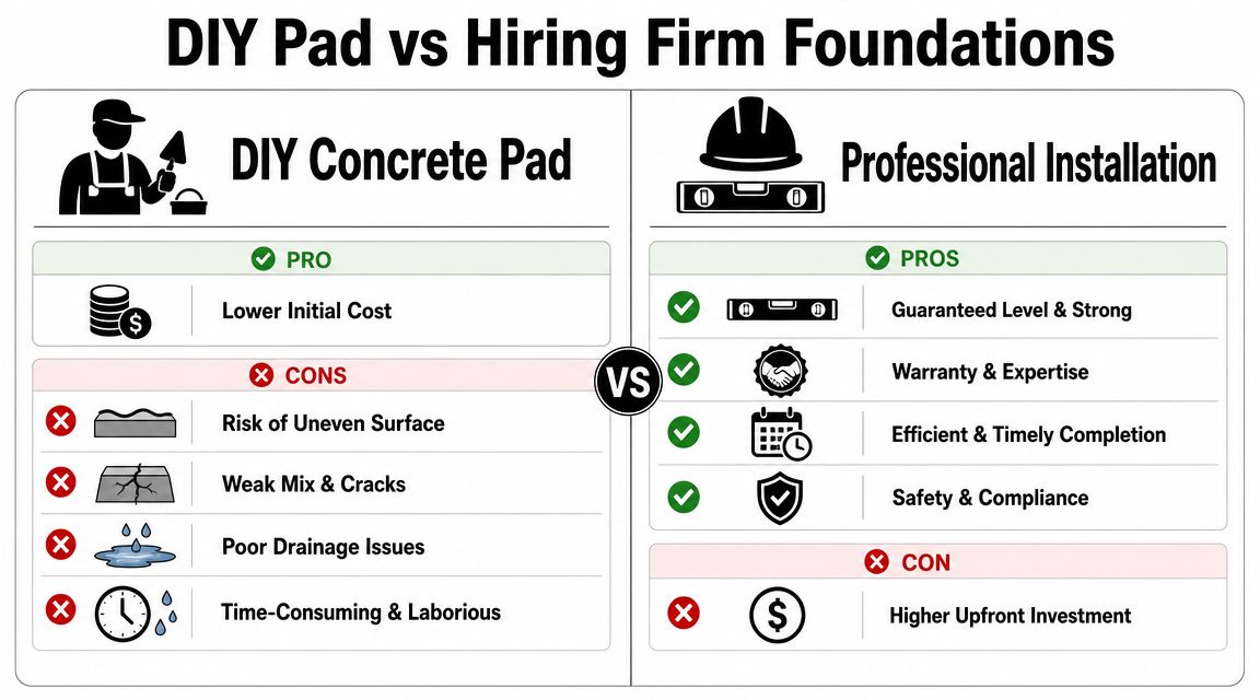 Concrete Housekeeping Pads: A PA & NJ Contractor's Guide 5 A comparison chart outlining the pros and cons of DIY concrete pads versus professional foundation installation services.
