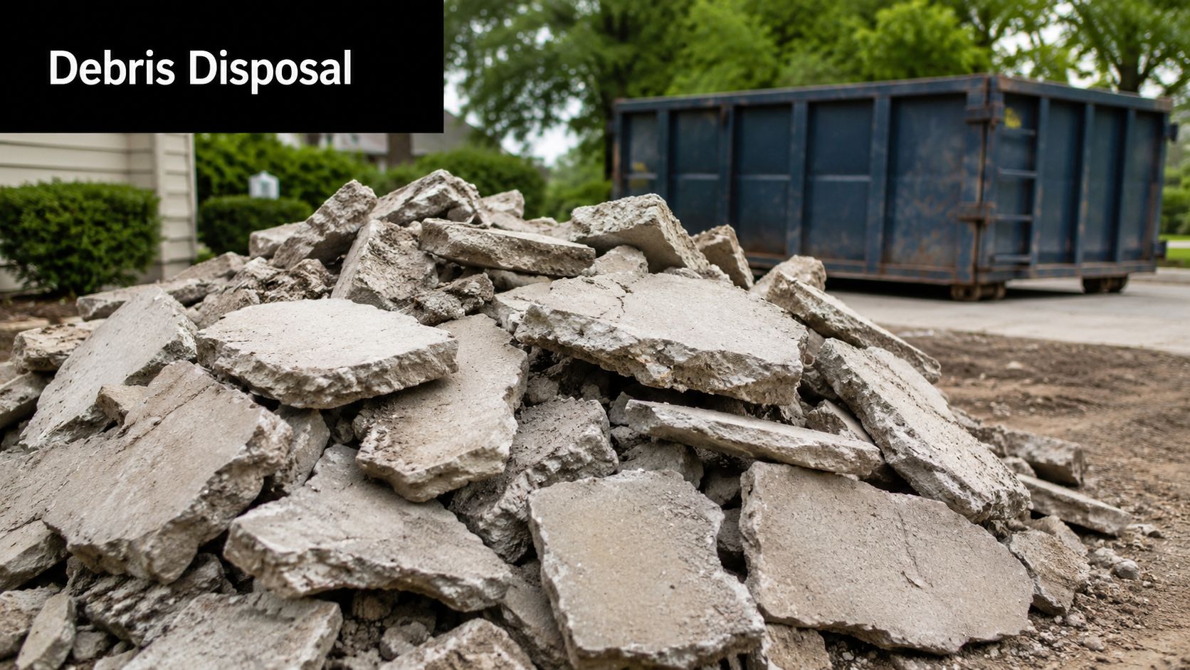Concrete Patio Removal Guide for PA & MD Homeowners 5 A large pile of broken concrete rubble from a demolished patio sitting near a rented dumpster.