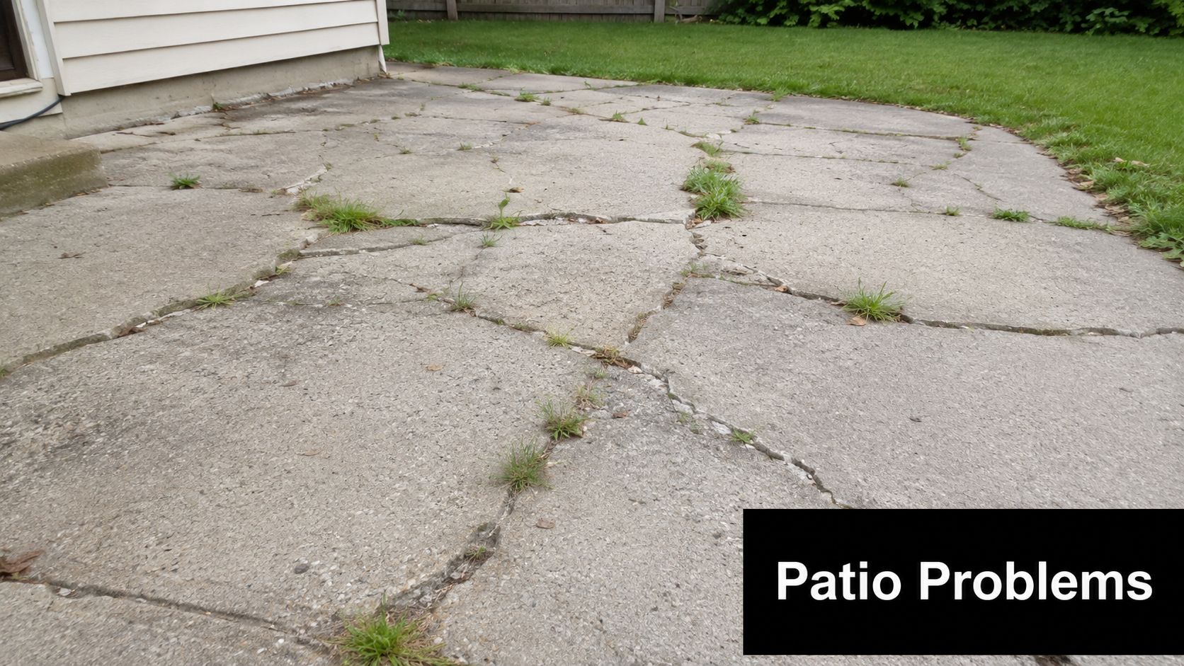 Concrete Patio Removal Guide for PA & MD Homeowners 2 A cracked concrete patio in a backyard with grass and weeds growing through the deep fractures.