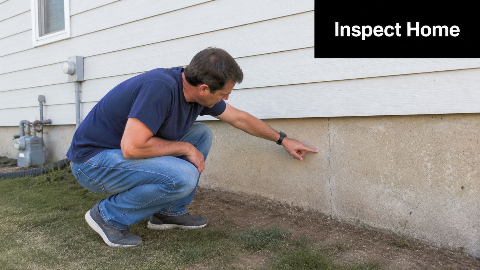 Concrete Slab Foundation Issues: A PA & MD Homeowner's Guide 3 A professional home inspector points to a vertical crack in a residential concrete slab foundation wall.