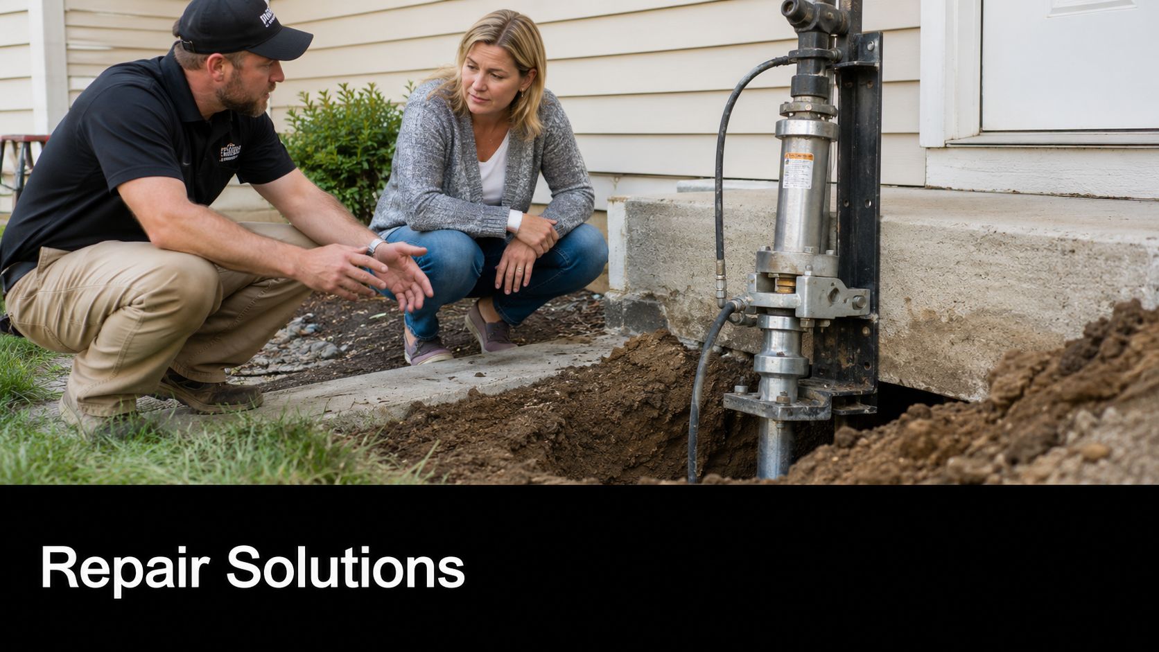 Concrete Slab Foundation Issues: A PA & MD Homeowner's Guide 4 A contractor explains foundation repair solutions to a homeowner near a hydraulic pier stabilizing a concrete slab.