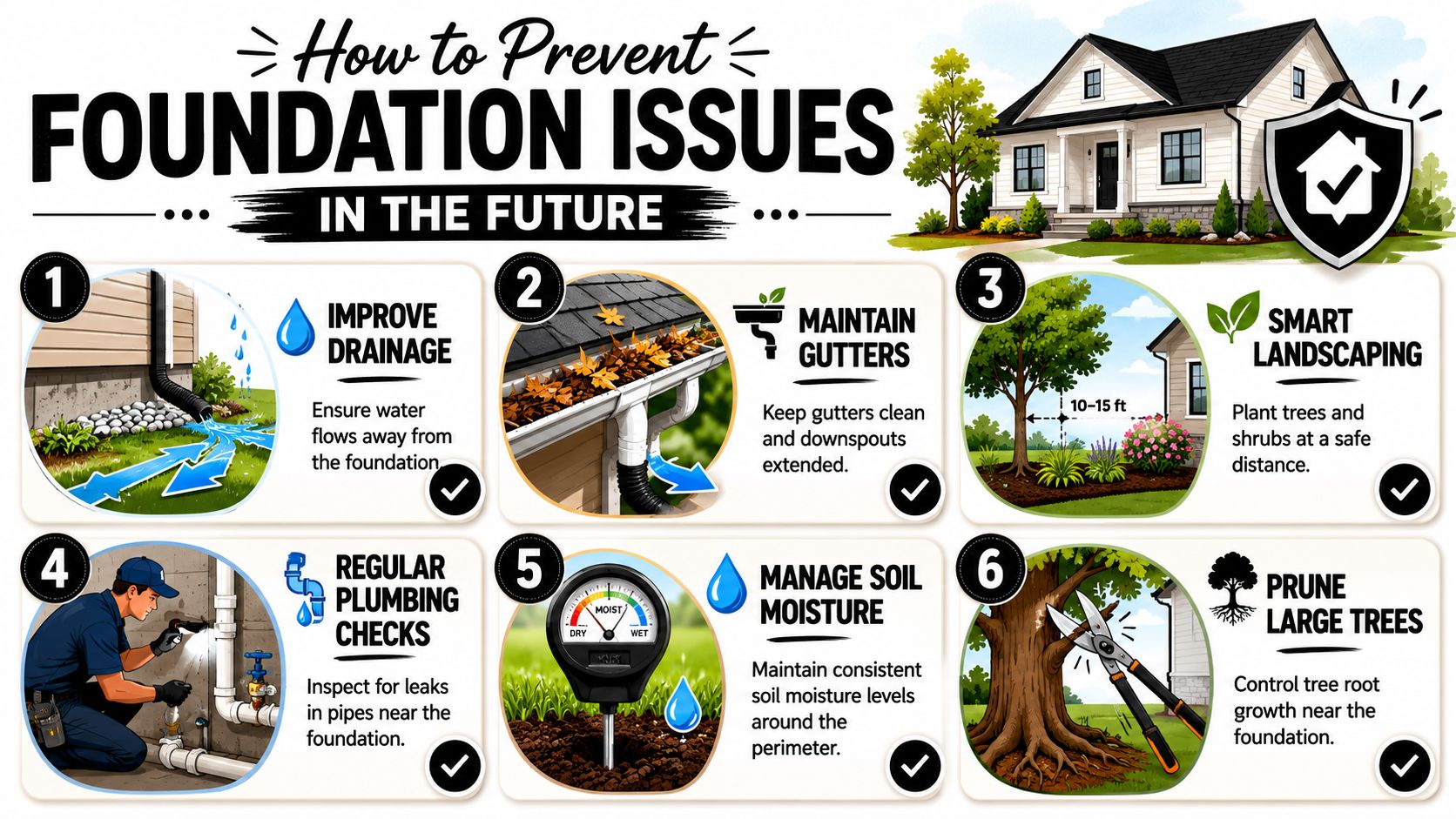 Concrete Slab Foundation Issues: A PA & MD Homeowner's Guide 5 An infographic showing six essential tips for homeowners to prevent future concrete slab foundation issues effectively.