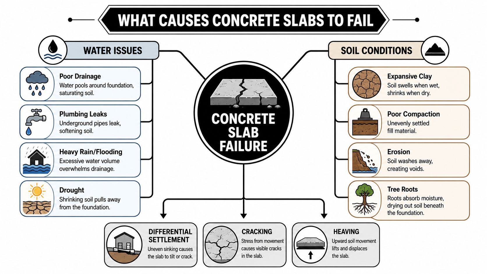 Concrete Slab Foundation Issues: A PA & MD Homeowner's Guide 2 An infographic detailing common causes of concrete slab failure, including water issues, soil conditions, and resulting structural damage.