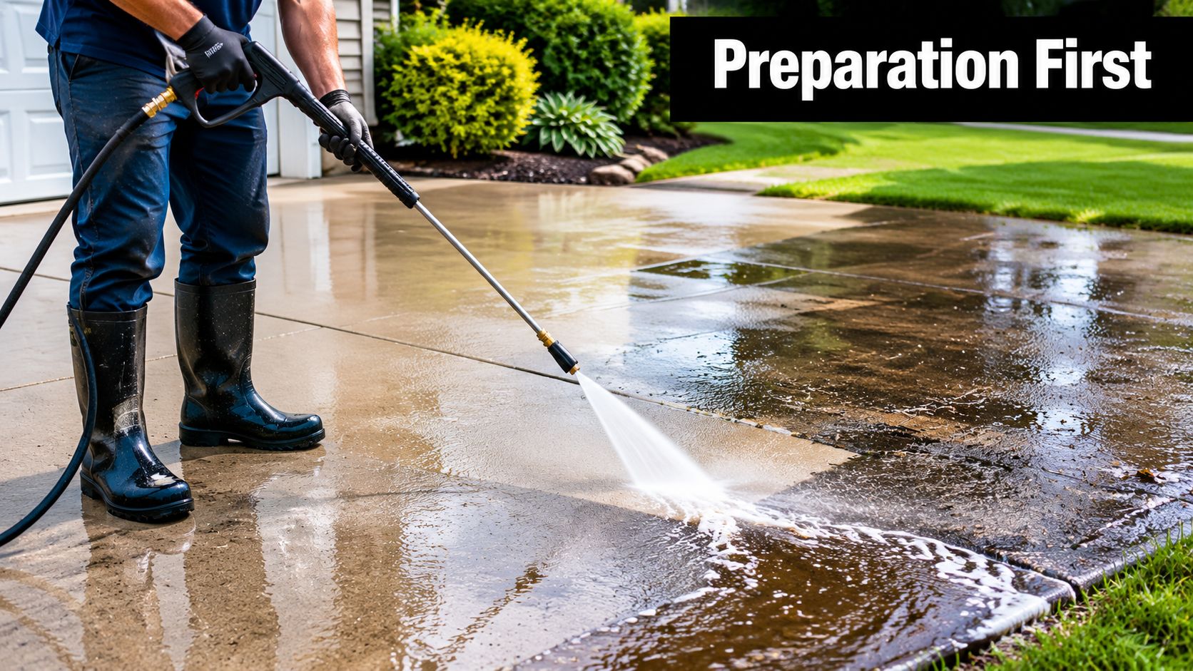 Driveway Concrete Sealer: A PA & NJ Homeowner's Guide 3 A person in protective gear pressure washing a dirty driveway before applying concrete sealer.