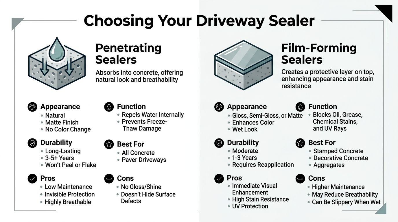 Driveway Concrete Sealer: A PA & NJ Homeowner's Guide 2 A comparison chart showing the differences between penetrating sealers and film-forming sealers for concrete driveway maintenance.