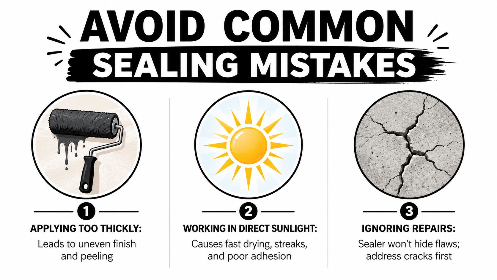 Driveway Concrete Sealer: A PA & NJ Homeowner's Guide 5 An infographic showing three common mistakes to avoid when applying driveway concrete sealer for professional results.