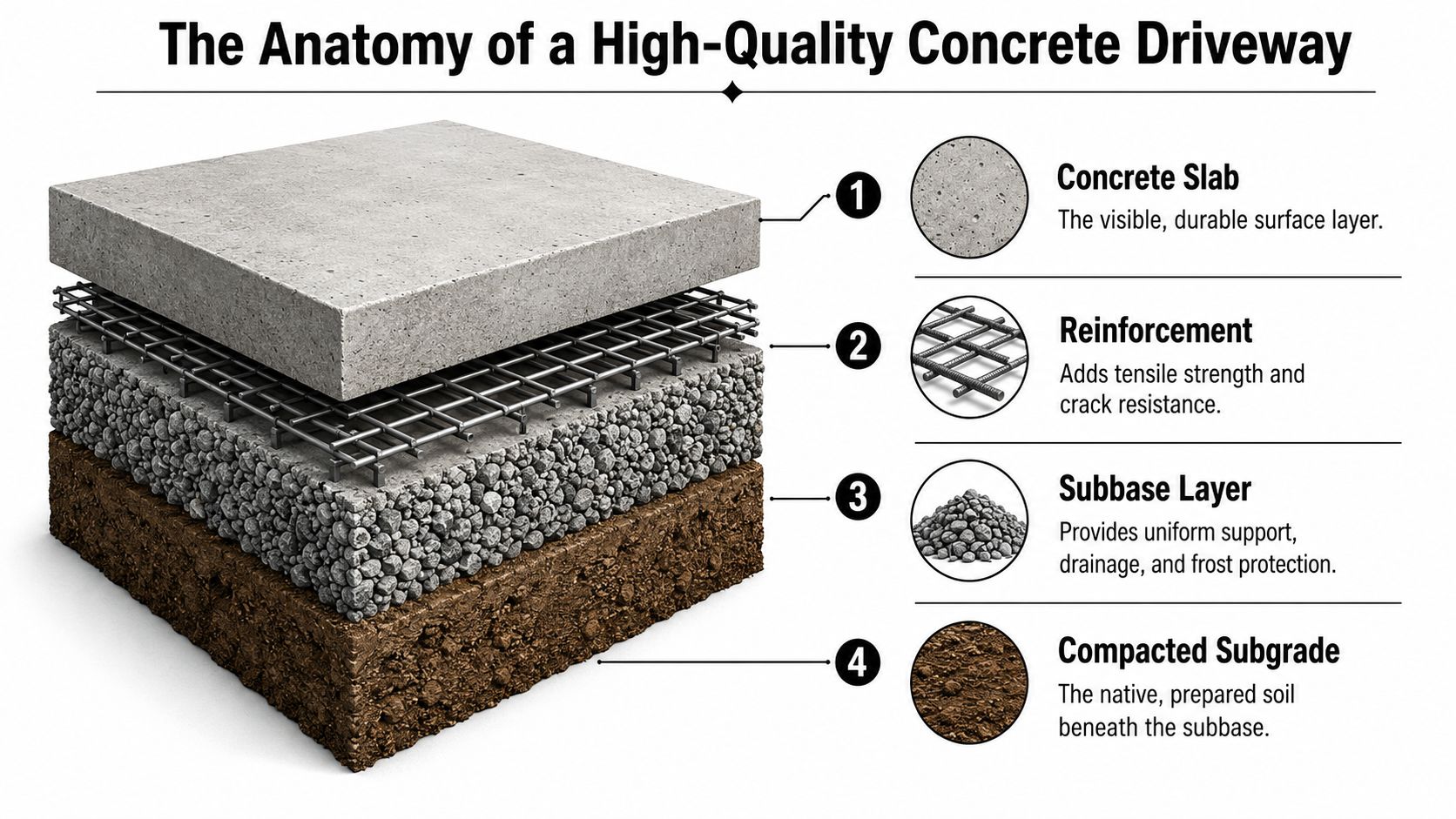 Driveway Concrete Slabs: PA, MD, DE, NJ Guide 2026 2 A cross-section illustration showing the four structural layers of a high-quality concrete driveway construction.