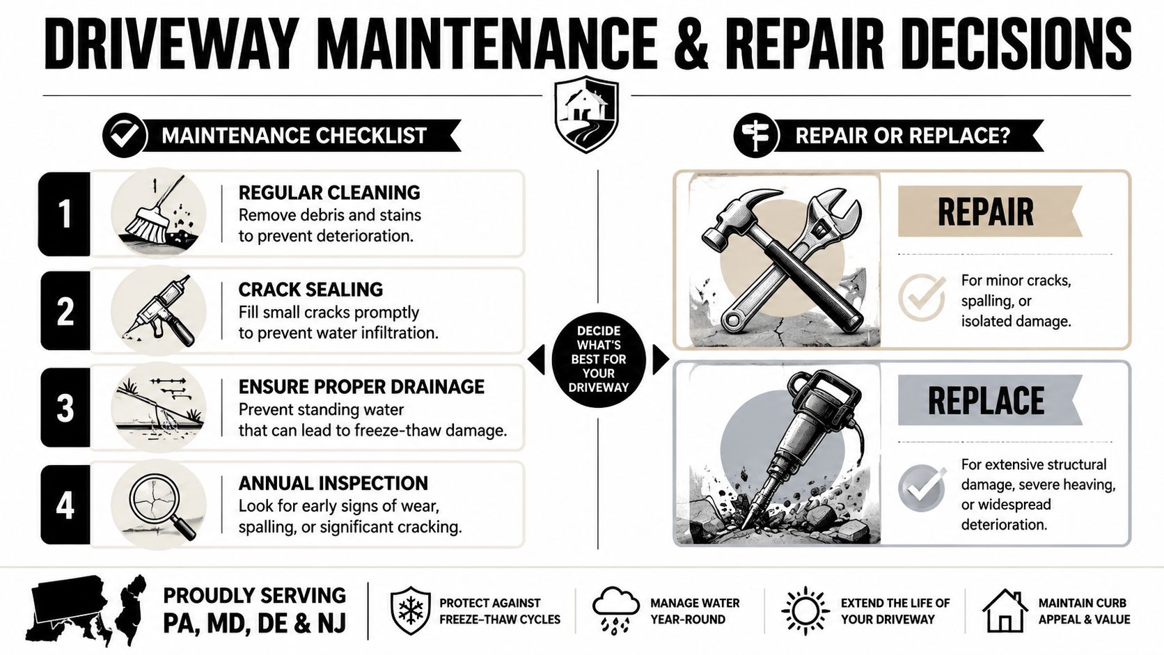 Driveway Concrete Slabs: PA, MD, DE, NJ Guide 2026 4 An infographic detailing essential driveway maintenance steps, repair options, and tips for concrete driveway care.