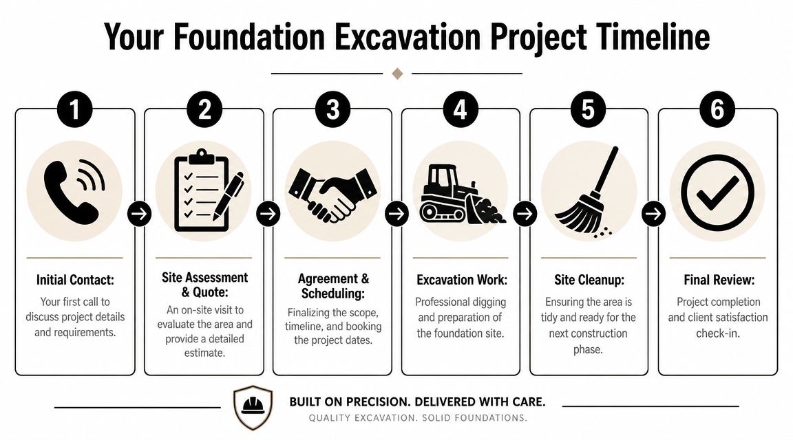 2026 Excavation Cost for Foundation: Expert Guide 4 A six-step infographic detailing the foundation excavation project timeline from initial contact to final review.