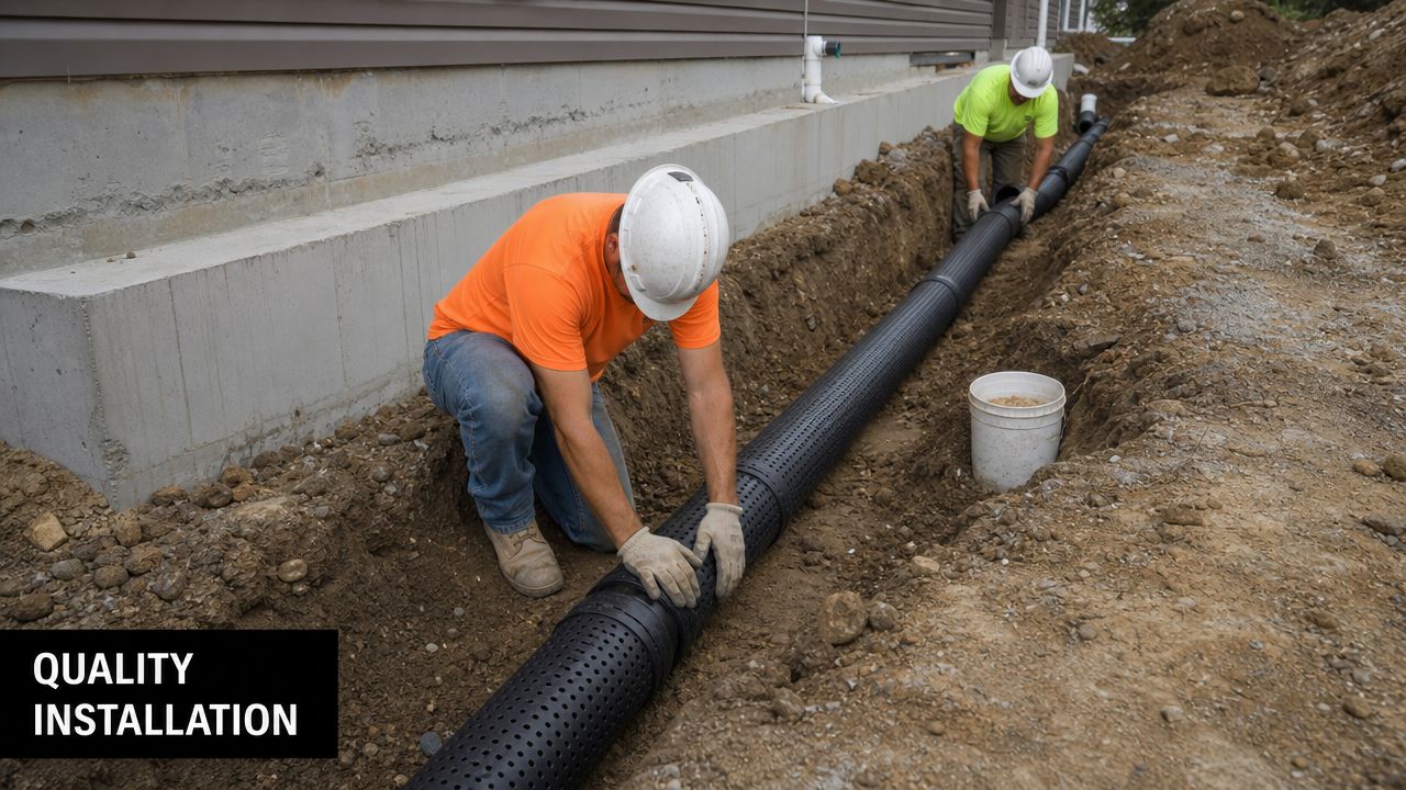 Expert Foundation Drainage Design in PA, MD, DE & NJ 4 Two construction workers installing perforated drainage pipe along the base of a building foundation.