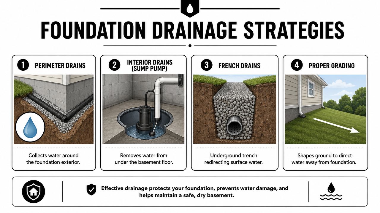 Expert Foundation Drainage Design in PA, MD, DE & NJ 3 An infographic illustrating four foundation drainage strategies including perimeter drains, sump pumps, French drains, and proper ground grading.