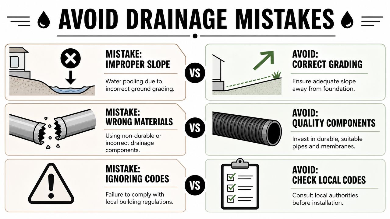 Expert Foundation Drainage Design in PA, MD, DE & NJ 5 An infographic showing common residential drainage mistakes compared to best practices for proper foundation water management.