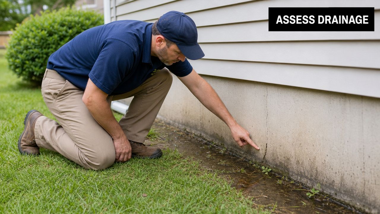 Expert Foundation Drainage Design in PA, MD, DE & NJ 2 A home inspector pointing at a crack in a house foundation during a drainage assessment.