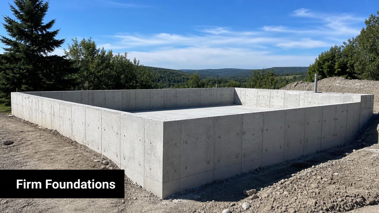 Frost Line Depth Pennsylvania: 2026 Foundation Guide 5 A newly constructed poured concrete basement foundation on a rural lot under a blue sky.