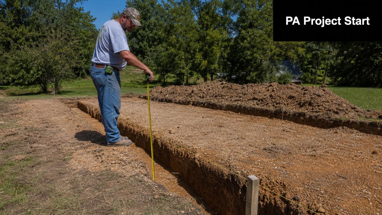 Frost Line Depth Pennsylvania: 2026 Foundation Guide 2 A construction worker uses a tape measure to check the trench depth for a project in Pennsylvania.