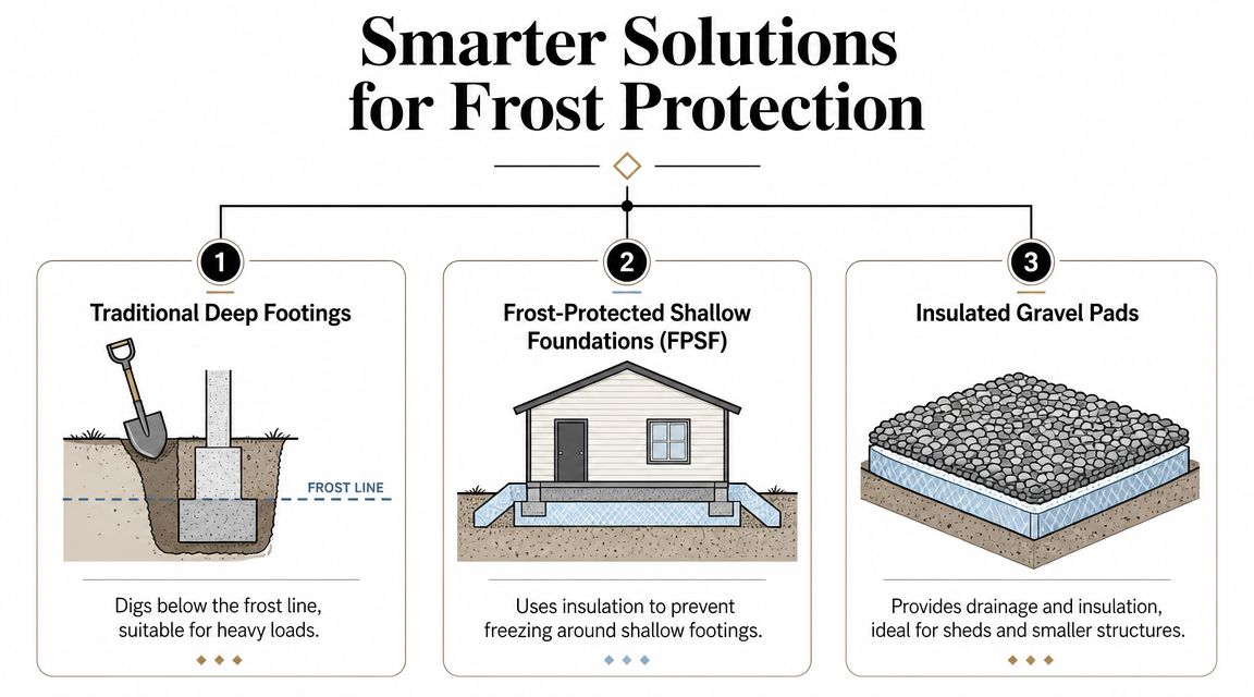 Frost Line Depth Pennsylvania: 2026 Foundation Guide 4 An infographic showing three different frost protection methods for building foundations: deep footings, FPSF, and insulated pads.