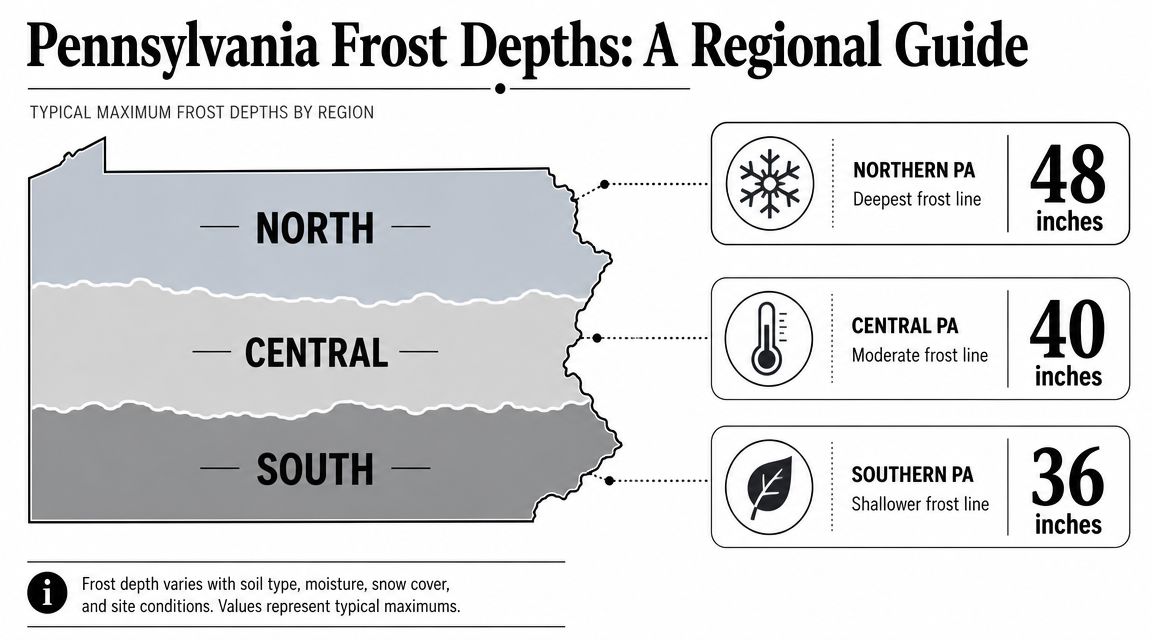 Frost Line Depth Pennsylvania: 2026 Foundation Guide 3 A map of Pennsylvania illustrating typical maximum frost line depths categorized by northern, central, and southern regions.