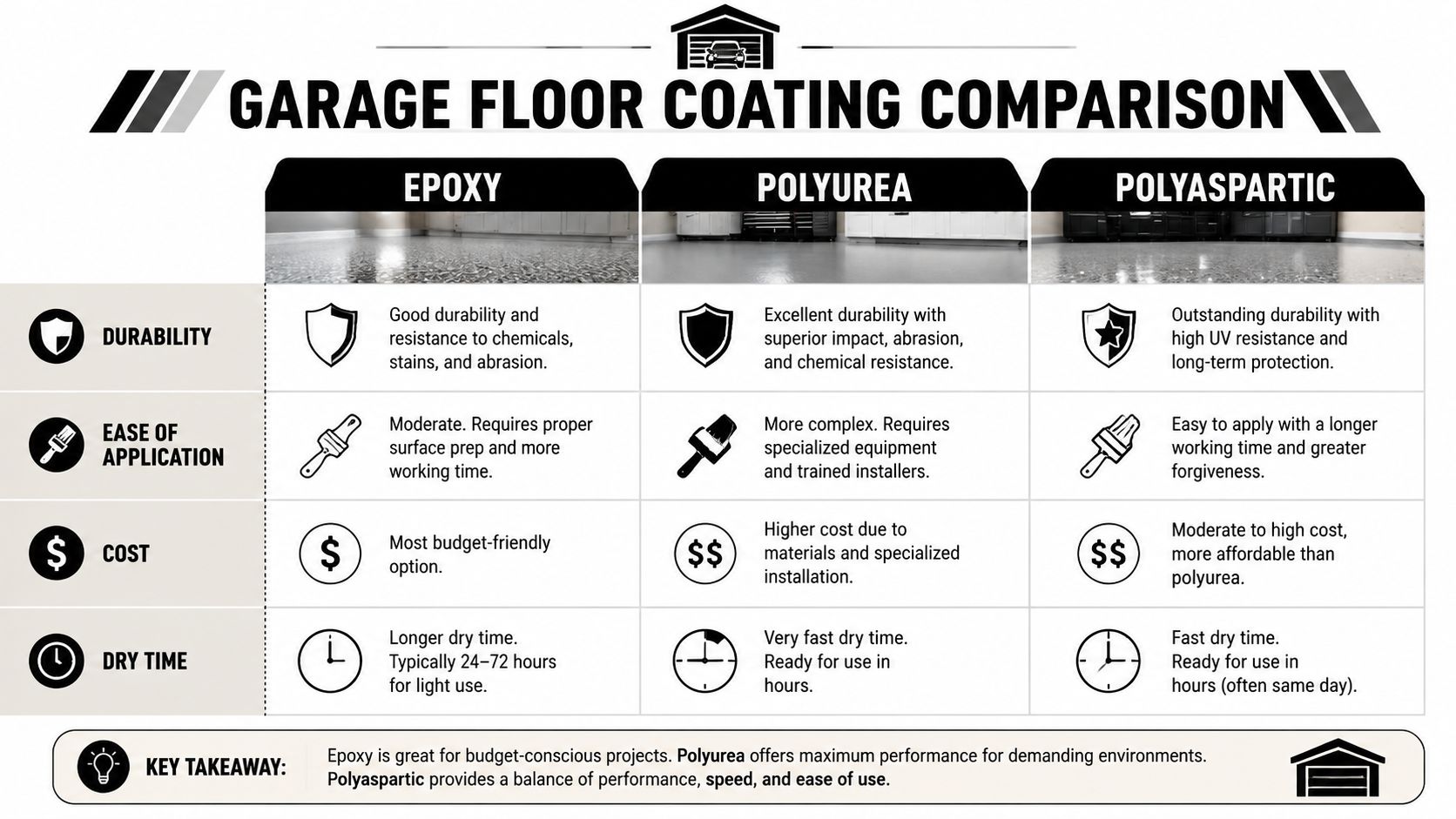Garage Floor Paint: Is It Best for Your Home in 2026? 3 A comparison chart outlining the durability, application, cost, and dry time of epoxy, polyurea, and polyaspartic garage floor coatings.