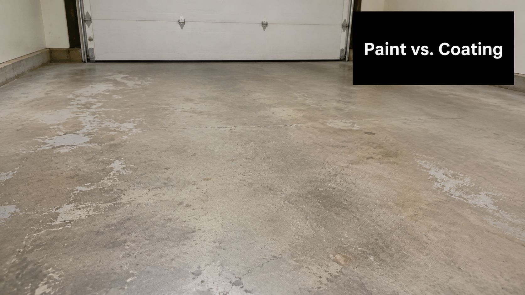 Garage Floor Paint: Is It Best for Your Home in 2026? 2 A concrete garage floor with peeling paint, showing a comparison between paint and durable floor coatings.