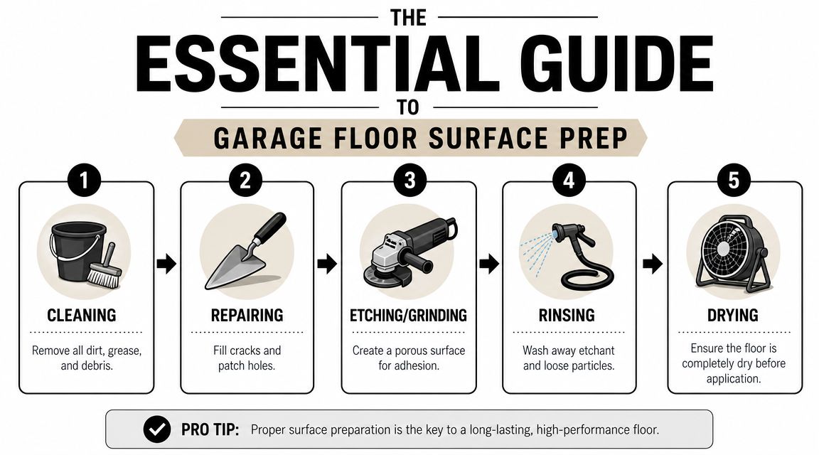 Garage Floor Paint: Is It Best for Your Home in 2026? 4 A five-step infographic showing how to properly prepare a garage floor before applying paint or coating.